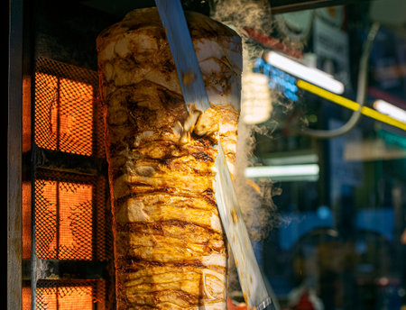 Close-up of traditional Turkish street food meat doner kebab, durum in Istanbul street cafeの写真素材