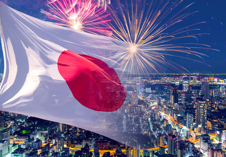 Flag of Japan and fireworks, concept picture about independence day, The Emperor's Birthday, National Foundation Day, New Yearの写真素材