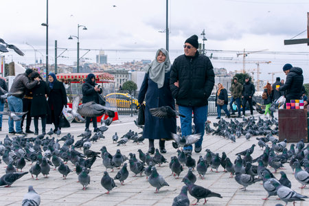 ISTANBUL - DEC 29: Eminonu or EminÃ¶nÃ¼ Square with walking people and pigeons during winter day in Istanbul, December 29.2019 in Turkeyのeditorial素材