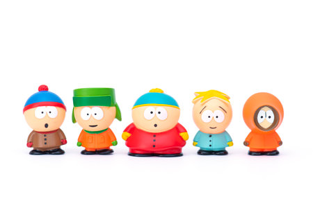 BERLIN - MAR 15: South park cartoon characters: Kenny, Eric, Stan, Kyle, Butters as toy figures isolated on white in Berlin, March 15.2021 in Germany. South Park is an American animated sitcom.のeditorial素材