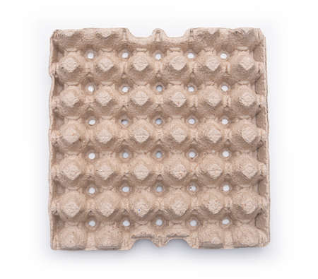 Cardboard box for eggs. Empty cardboard box. Top view. Isolated on whiteの写真素材