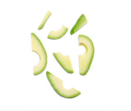 Set of raw green peeled avocado isolated on white background. Some forms of avocado, top view.