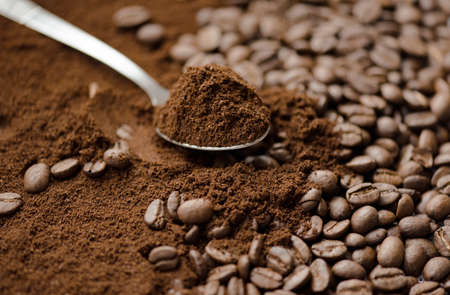 Mix kinds of coffee, ground coffee beans and roastedの写真素材