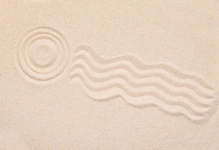 Sandy texture, top view of tropical sand with abstract pattern, round and lines on the sand. Concept picture about zen, meditation, relaxationの写真素材