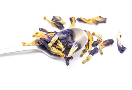 Dry Butterfly pea Tea, blue Tea, asian, clitoria are ternate, Thailand isolated on white Backgroundの写真素材