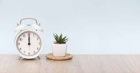 12 o'clock on the white circle alarm clock. Alarm clock on wooden table with houseplant. Minimal composition with space for text.の写真素材