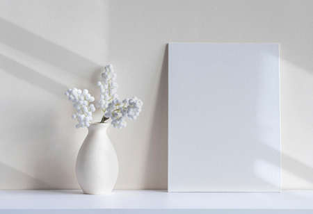 Sunlight with shadows and lines on blank canvas or sheet, vase, decorative house plant on a desk. White room interior, minimal mockup with space for textの写真素材