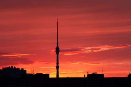 MOSCOW - MAY 30: Ostankinskaya TV tower during spring sunset in Moscow on May 30.2021 in Russiaのeditorial素材
