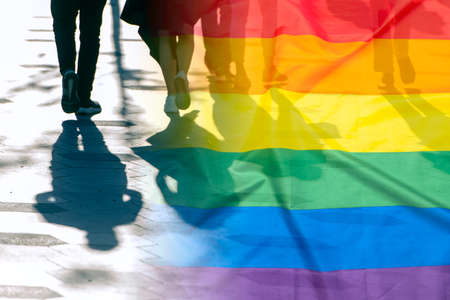 Rainbow LGBT flag, shadows and silhouettes of people on a road, conceptual picture about anonymous...