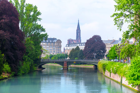 Amazing panoramic view of Strasbourg old town with French traditional architecture during warm summer day. France, Alsaceの写真素材