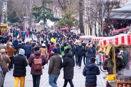 ISTANBUL - DEC 31: Crowd of people walking in winter day at the old town of Istanbul. Sultanahmet square with tourists, December 31.2020 in Turkeyのeditorial素材