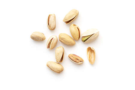 Top view of pistachios isolated on white. Heap of Pistachios.