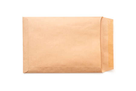 Opened brown paper envelope, A4 envelope isolated on white, top viewの写真素材