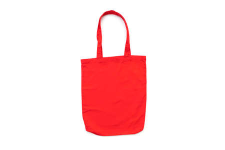Red blank clean canvas bag mockup, isolated on white, shopping bag, side viewの写真素材