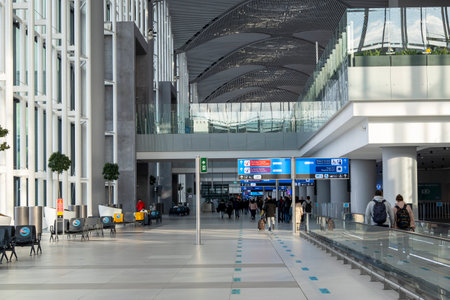 ISTANBUL - OCT 22: Istanbul airport Havalimani. New hall with passengers, arrive terminal, October 22.2021 in Turkey.のeditorial素材