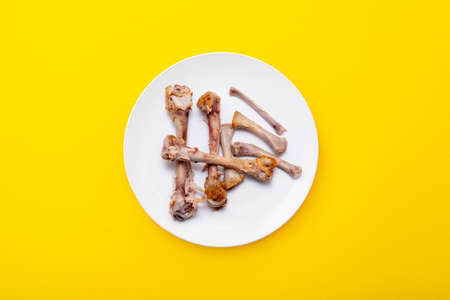 Messy food leftover, chicken bones as fast food on the ceramic white plate, yellow background, top viewの写真素材