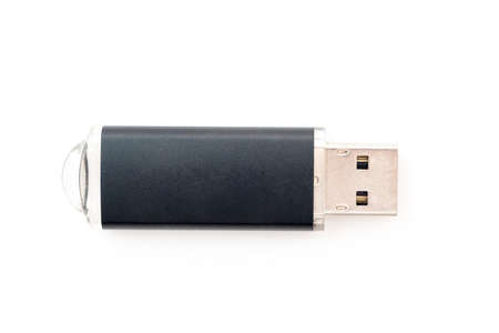 Black USB flash drive isolated on white, top view