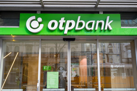 BUDAPEST - JAN 20: Logotype of OTP Bank over the entrance in Budapest, January 20. 2022 in Hungary.のeditorial素材