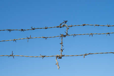 Close-up of part of prison fence with barbed wire against blue skyの写真素材
