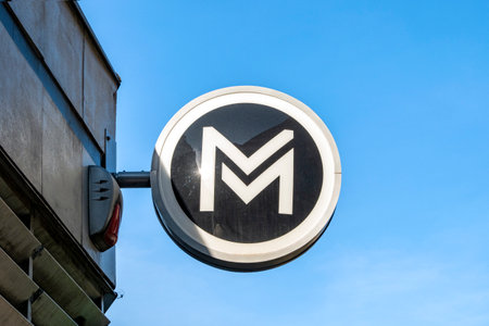 BUDAPEST - JAN 20: New modern logotype of Budapest metro as letter M on black background, January 20. 2022 in Hungaryのeditorial素材