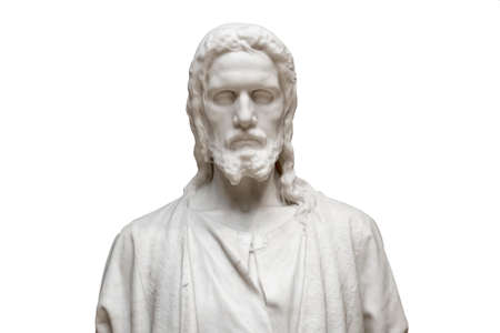 Close-up of marble statue of Jesus isolated on whiteの写真素材