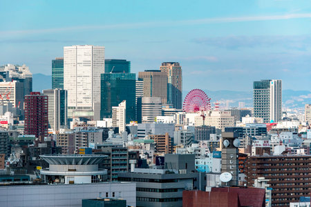 OSAKA - JAN 05: Panoramic top view of business part of Osaka with high tech skyscrapers, January 05. 2018 in Japanのeditorial素材