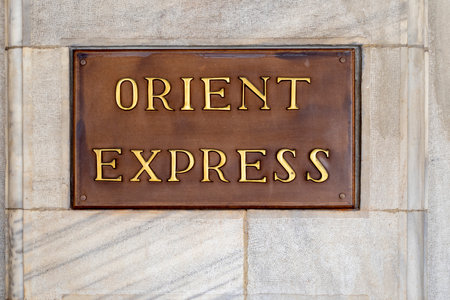 ISTANBUL - JUNE 10: Signboard with Orient Express text on a wall of Sirkeci railway station in Istanbul, June 10. 2022 in Turkeyのeditorial素材