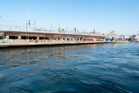 ISTANBUL - OCT 01: Perspective view of Galata Bridge with many cafes and restaurants in Istanbul, October 01. 2021 in Turkeyのeditorial素材