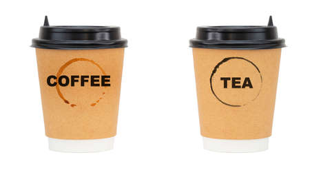 Coffee vs tea, two paper cups isolated on whiteの写真素材