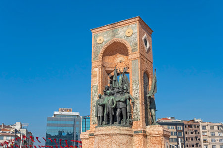 ISTANBUL - OCT 21: The Republic Monument 1928 at Taksim Square in Istanbul 21.10.2021 in Turkey. This monument was crafted by Italian sculptor Pietro Canonica.のeditorial素材