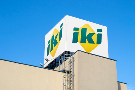 VILNIUS - JUL 07: IKI big logotype of grocery store in Vilnius, July 07. 2022 in Lithuania.のeditorial素材