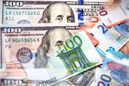 Euro and Dollars money as business background, concept picture about parity between two currenciesの写真素材