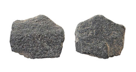 Two gray stones as pieces of rock isolated on white backgroundの写真素材
