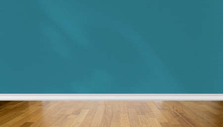 Empty living room interior, perspective of wooden parquet floor and dark blue wall with abstract sunlight shadowsの写真素材
