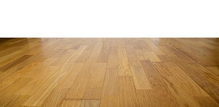 Natural wooden parquet, perspective of wooden floor isolated on whiteの写真素材