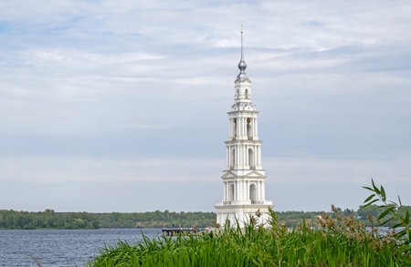 Flooded bell tower of an old church in Kalyazin town, Russiaの写真素材