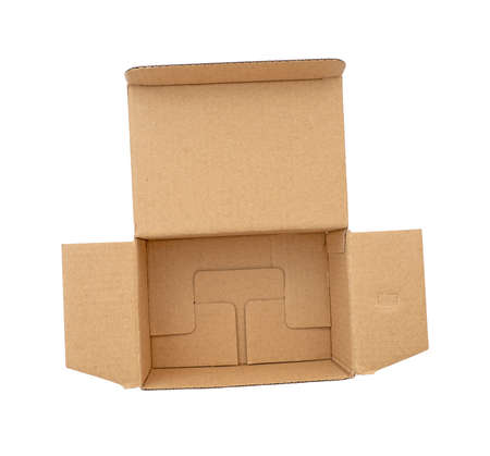 Opened small empty cardboard box isolated on white, top viewの写真素材