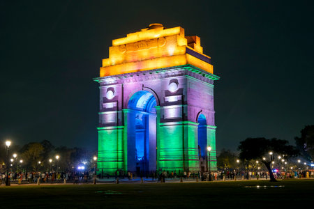 The India Gate or All India War Memorial with illuminated in New Delhi in Indiaの写真素材