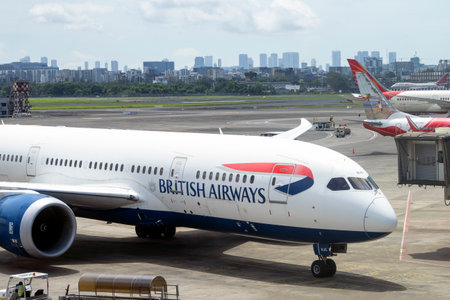 MUMBAI - SEP 25: Boeing 787 Dreamliner with British Airways logotype on fuselage at the Chhatrapati Shivaji International Airport in Mumbai, on September 25. 2022 in Indiaのeditorial素材