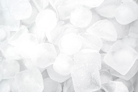 Heap of round ice cubes, ice background, top viewの写真素材