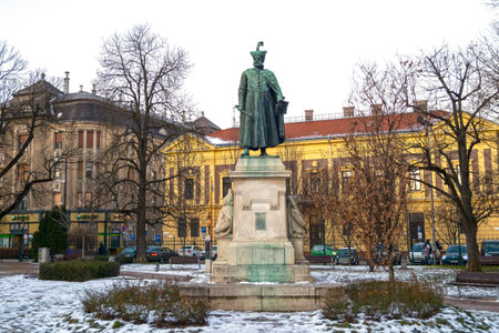 DEBRECEN - JAN 16: Sculpture of Stephen Bocskay or Istvan Bocskai at the public park in Debrecen on January 16. 2022 in Hungary. Istvan Bocskai was Prince of Transylvania and Hungary from 1605 to 1606.のeditorial素材