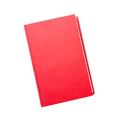 Red closed book with blank hard cover isolated on white, top view, space for textの写真素材