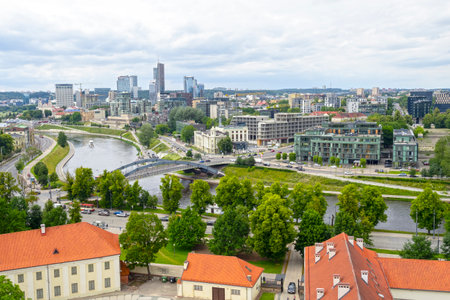 Panoramic summer view of Vilnius. Cityscape with river, modern buildings of Vilnius, Lithuaniaの写真素材