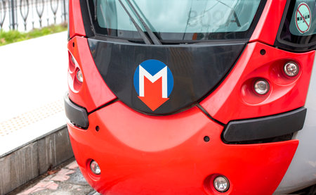 ISTANBUL - DEC 30: Close-up of metro railway carriage with logotype on surface in Istanbul on December 30. 2021 in Turkeyのeditorial素材