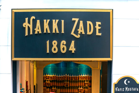 ISTANBUL - JAN 05: Signboard of the Hakki Zade and Hafiz Mustafa Confectionery in Istanbul, on January 05. 2021 in Turkey. It is a famous historical dessert company in Turkeyのeditorial素材