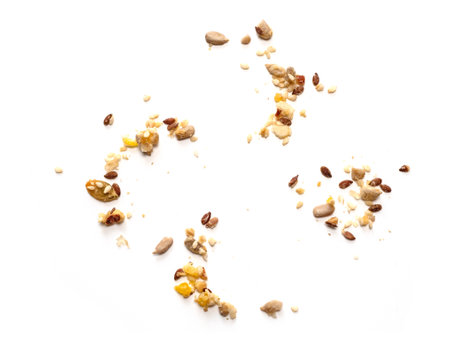 Abstract scattered cereals, seeds, muesli, grains on white background, top viewの写真素材