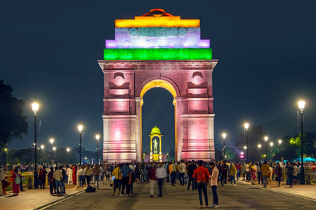 NEW DELHI - SEPTEMBER 17: The India Gate or All India War Memorial with illuminated in Delhi on September 17. 2022 in Indiaのeditorial素材