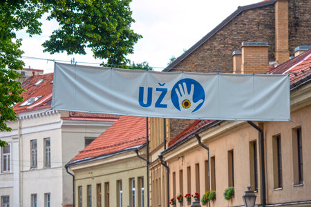 VILNIUS - JULY 07: Signboard of Uzupis is a neighborhood in Vilnius on July 07. 2022 in Lithuaniaのeditorial素材