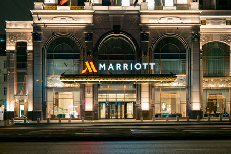 MOSCOW - MARCH 14: Marriott hotel in Moscow on March 14. 2022 in Russia. Marriott International is an American company that operates, franchises, and licenses lodging including hotelsのeditorial素材