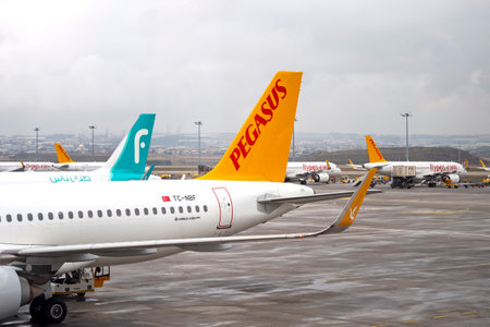 ISTANBUL - JAN 13: Planes with Pegasus airline logotype at Sabiha Gokcen Airport in Istanbul, on January 13. 2023 in Turkeyのeditorial素材